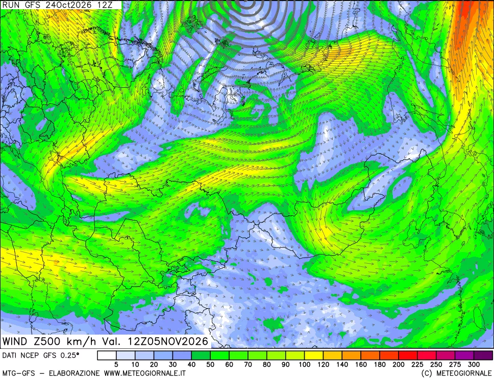mappa 500 hPa Vento forza e direzione