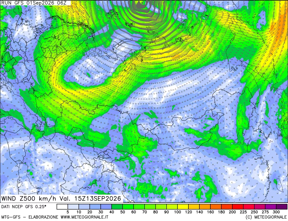 mappa 500 hPa Vento forza e direzione