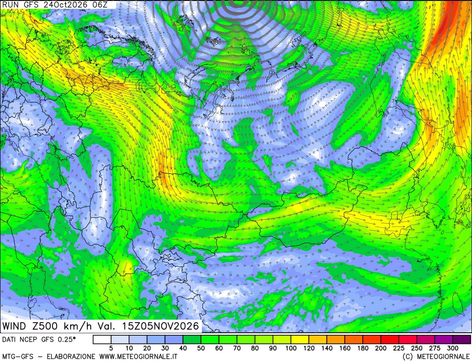 mappa 500 hPa Vento forza e direzione