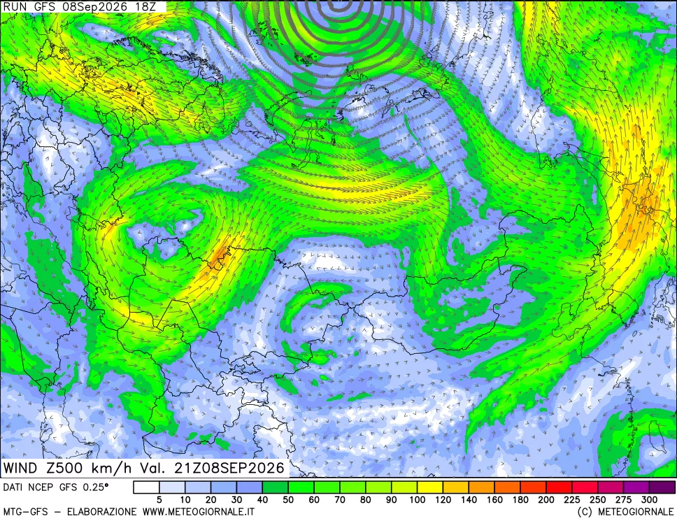 mappa 500 hPa Vento forza e direzione
