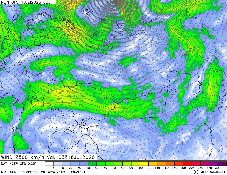 mappa 500 hPa Vento forza e direzione