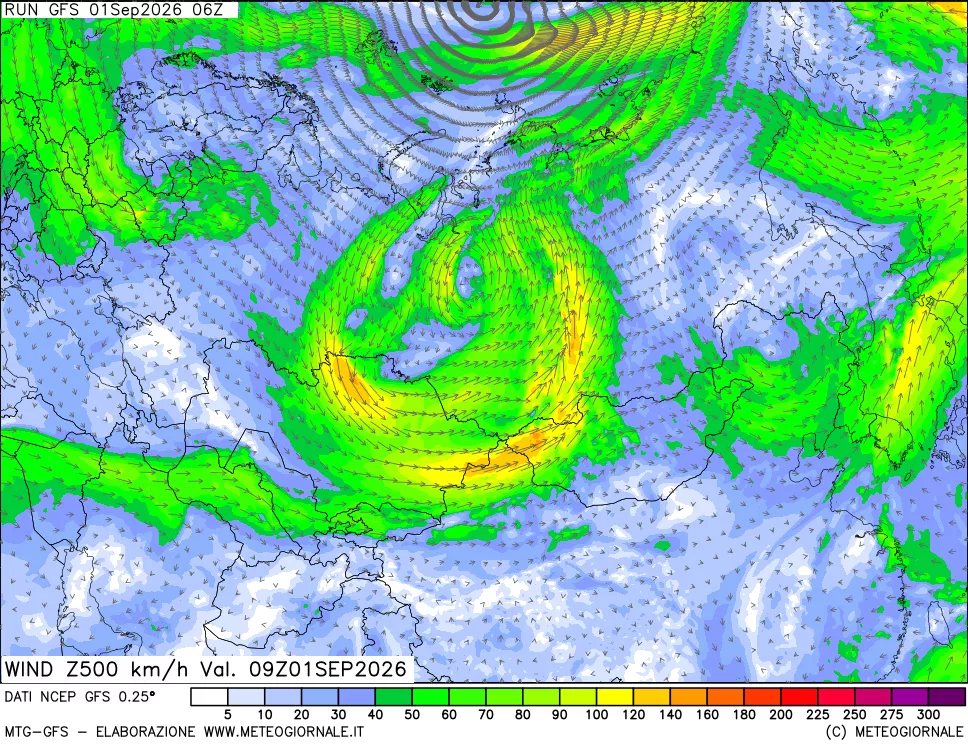 mappa 500 hPa Vento forza e direzione