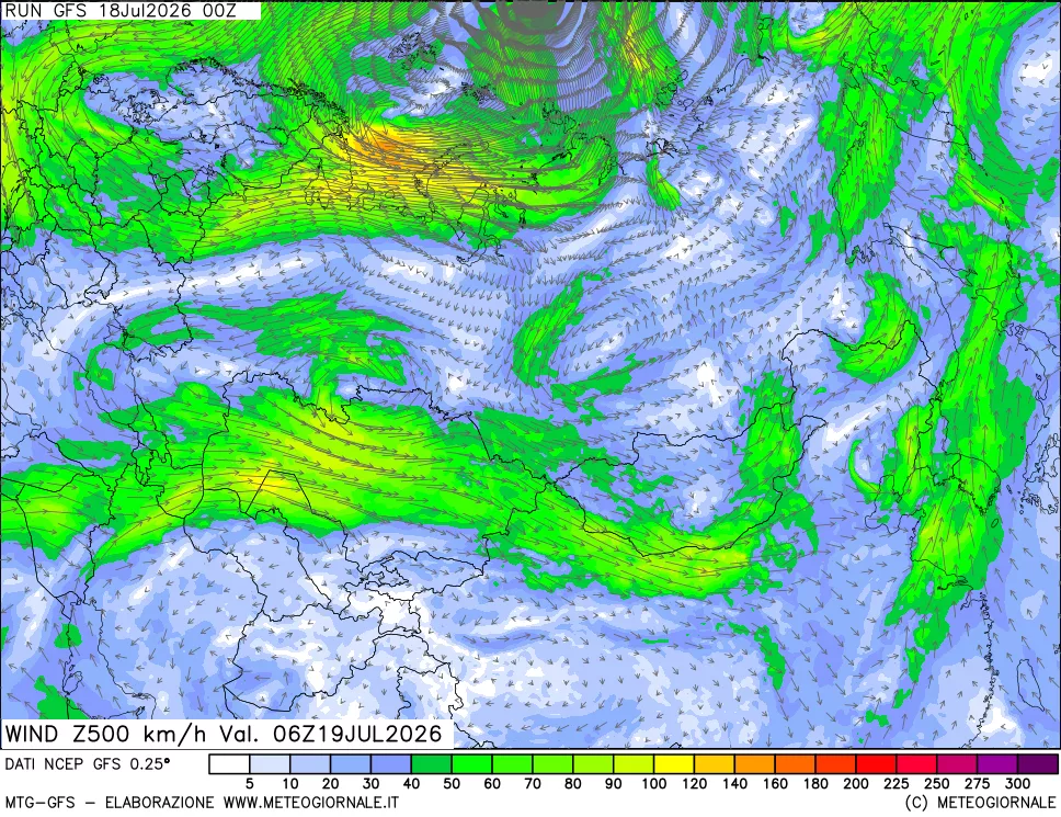 mappa 500 hPa Vento forza e direzione