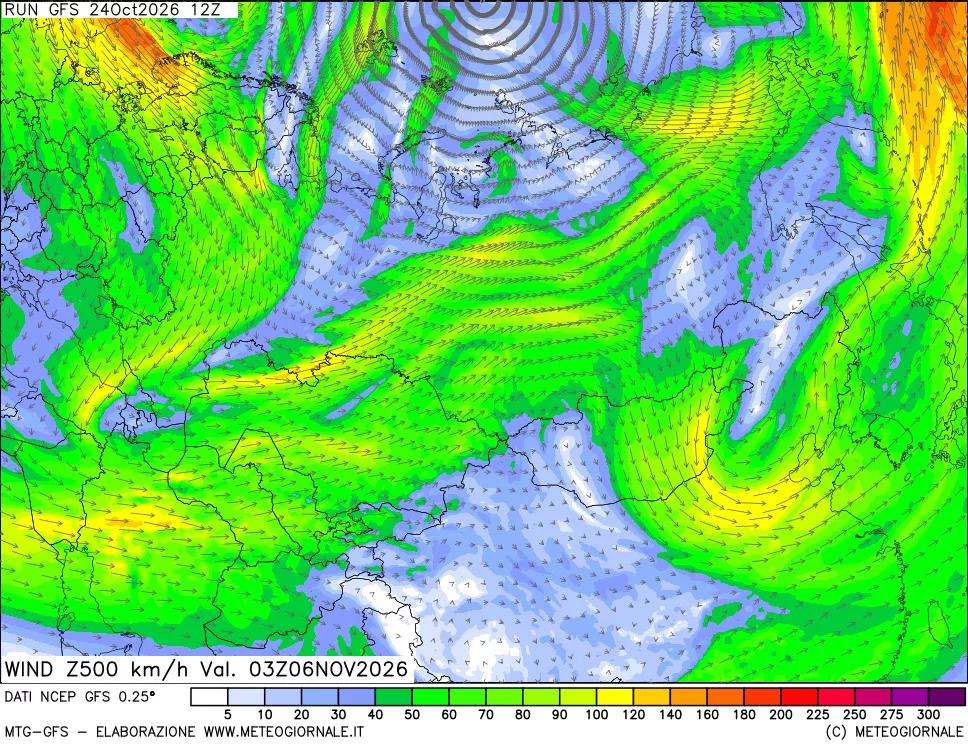 mappa 500 hPa Vento forza e direzione