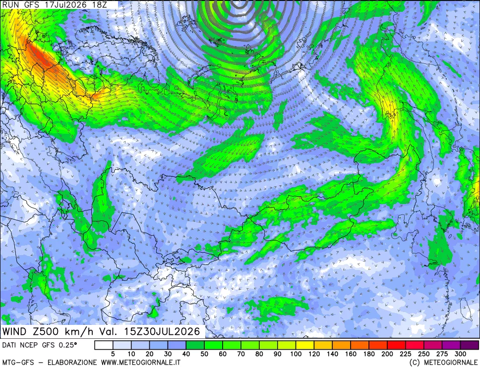 mappa 500 hPa Vento forza e direzione