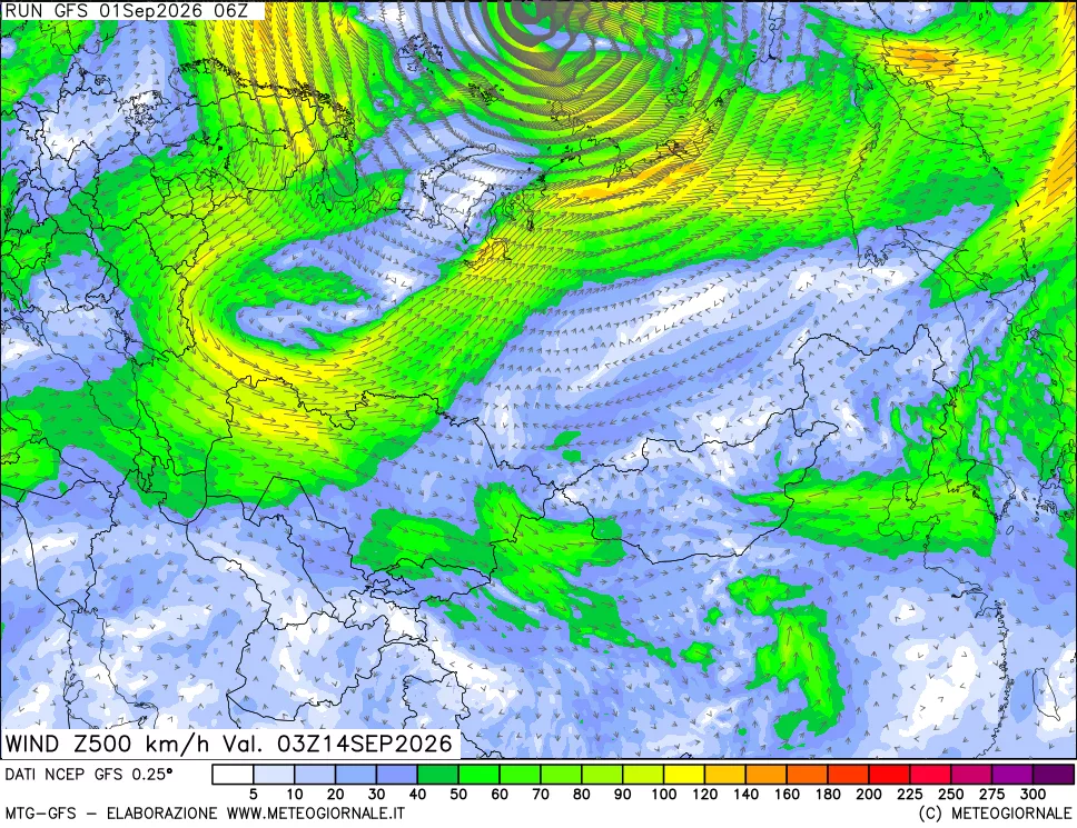 mappa 500 hPa Vento forza e direzione