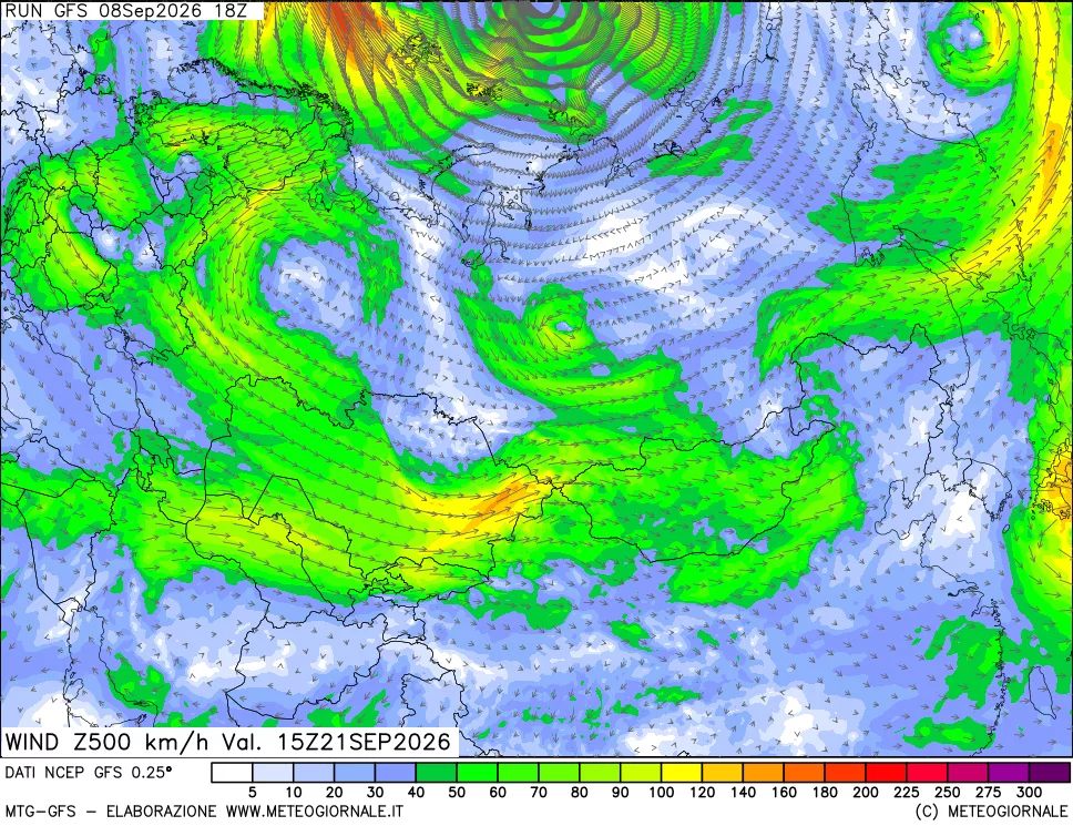 mappa 500 hPa Vento forza e direzione