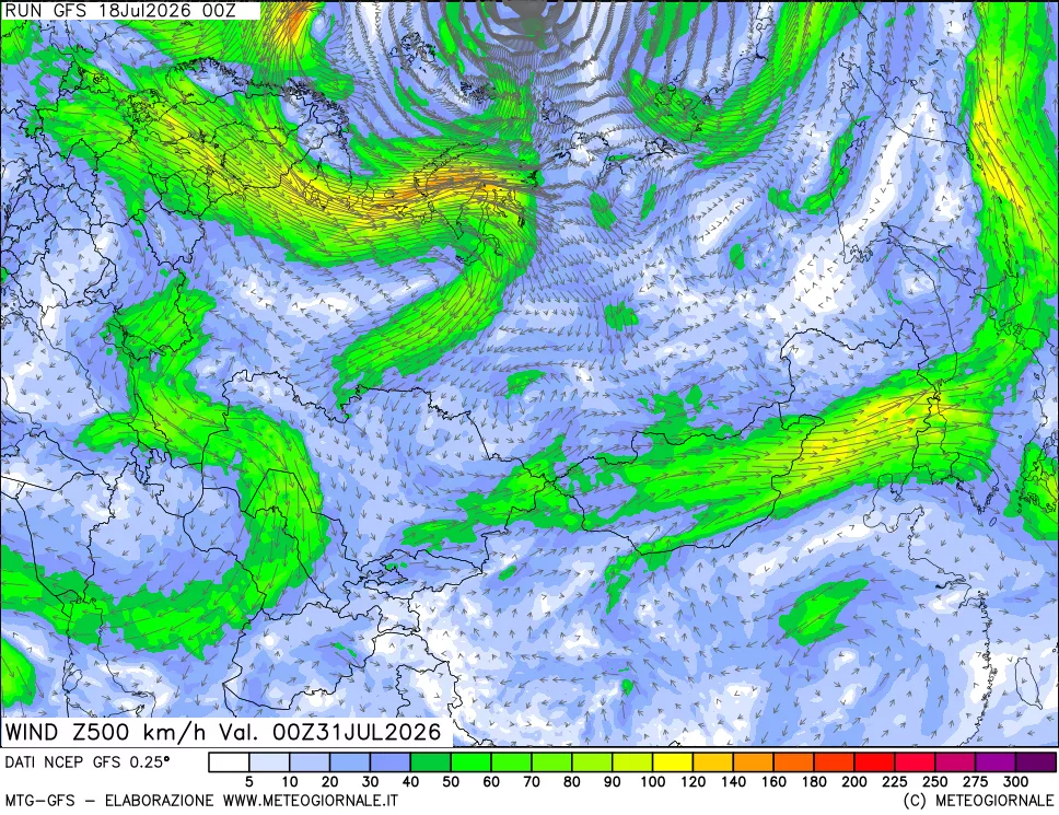 mappa 500 hPa Vento forza e direzione