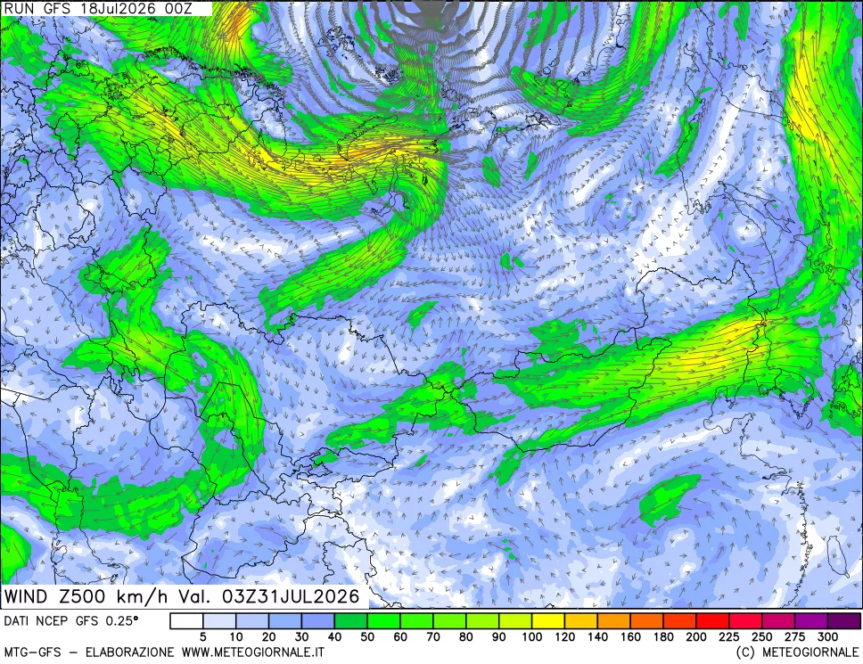 mappa 500 hPa Vento forza e direzione