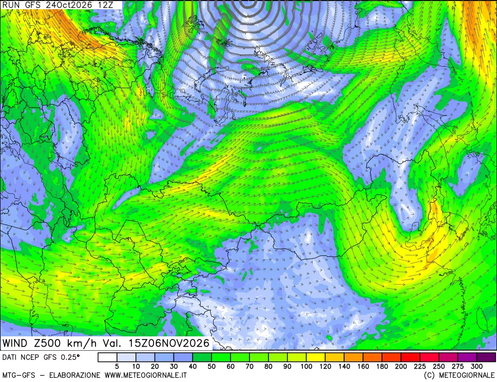 mappa 500 hPa Vento forza e direzione