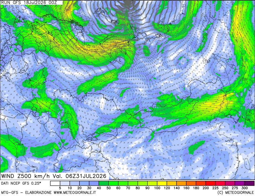 mappa 500 hPa Vento forza e direzione