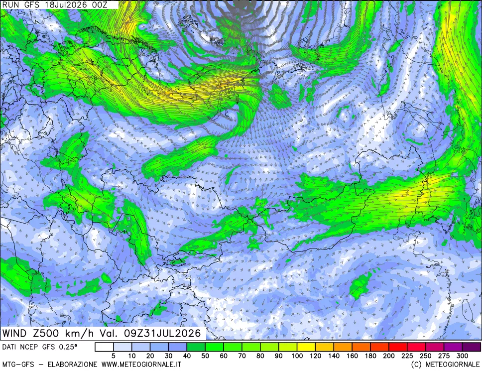 mappa 500 hPa Vento forza e direzione