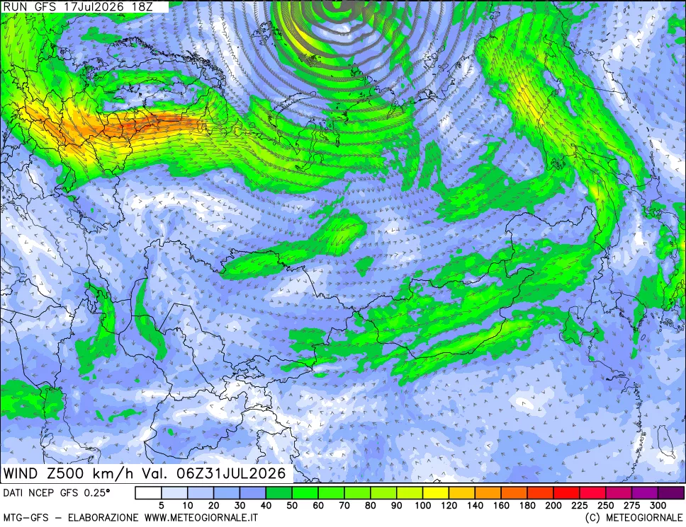 mappa 500 hPa Vento forza e direzione