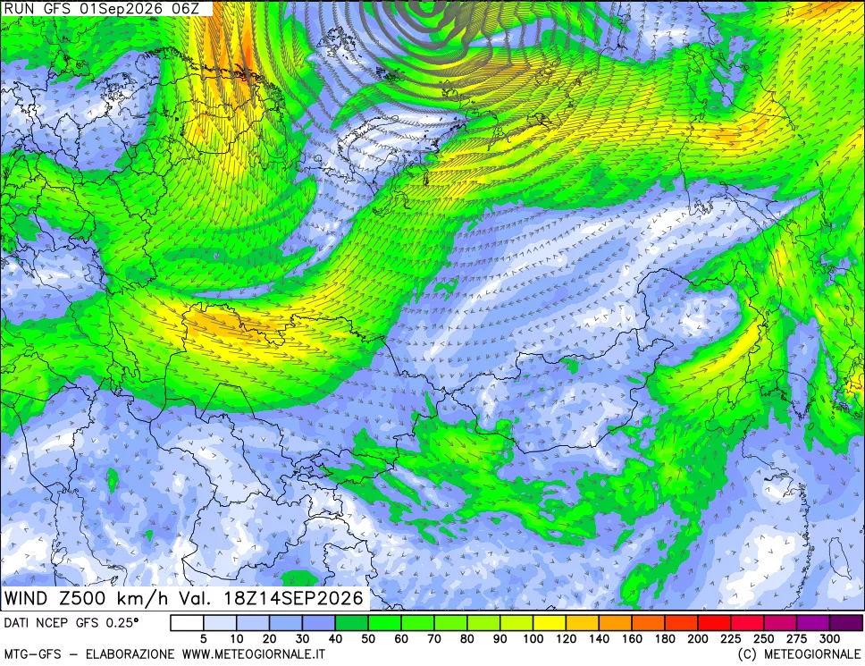 mappa 500 hPa Vento forza e direzione