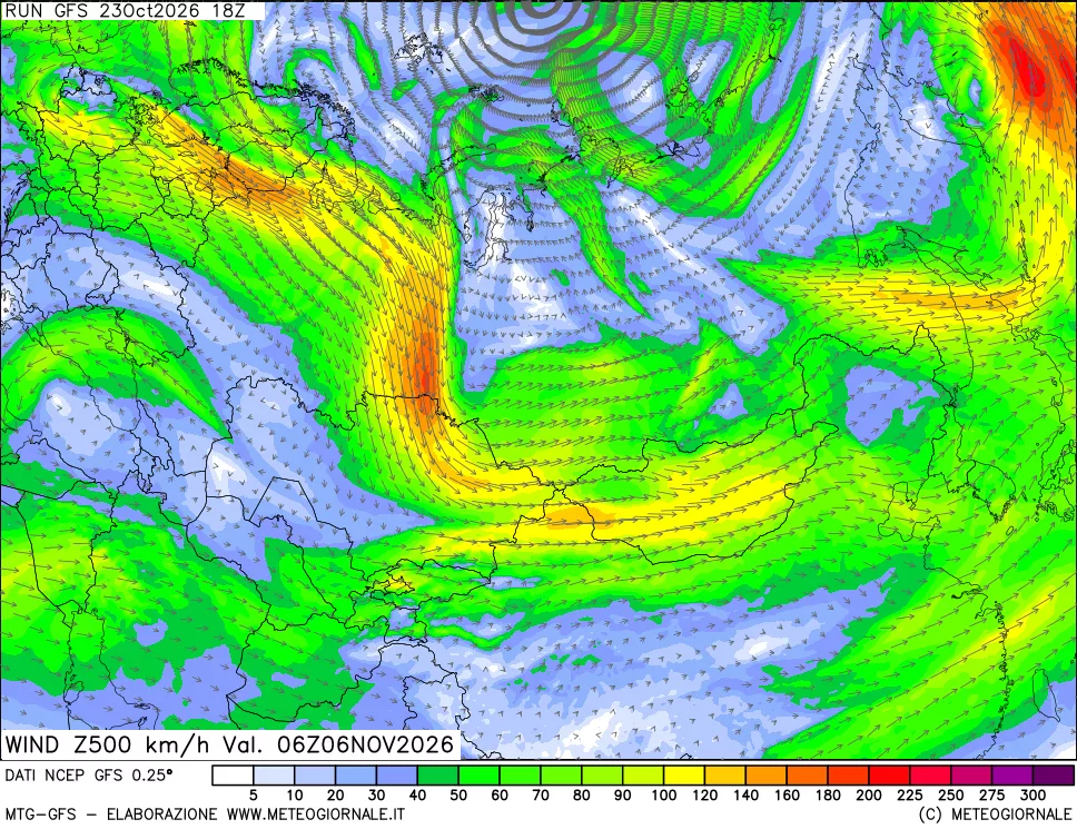 mappa 500 hPa Vento forza e direzione