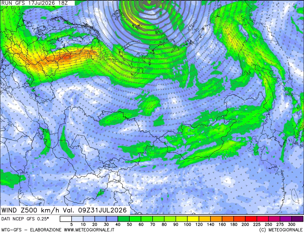 mappa 500 hPa Vento forza e direzione