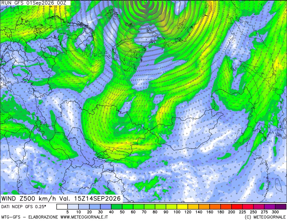 mappa 500 hPa Vento forza e direzione