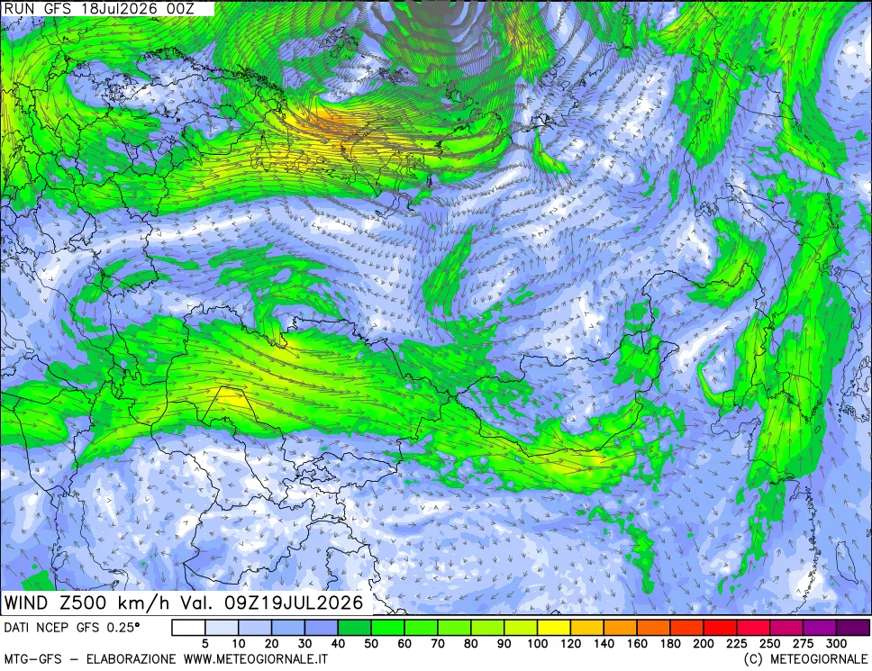 mappa 500 hPa Vento forza e direzione