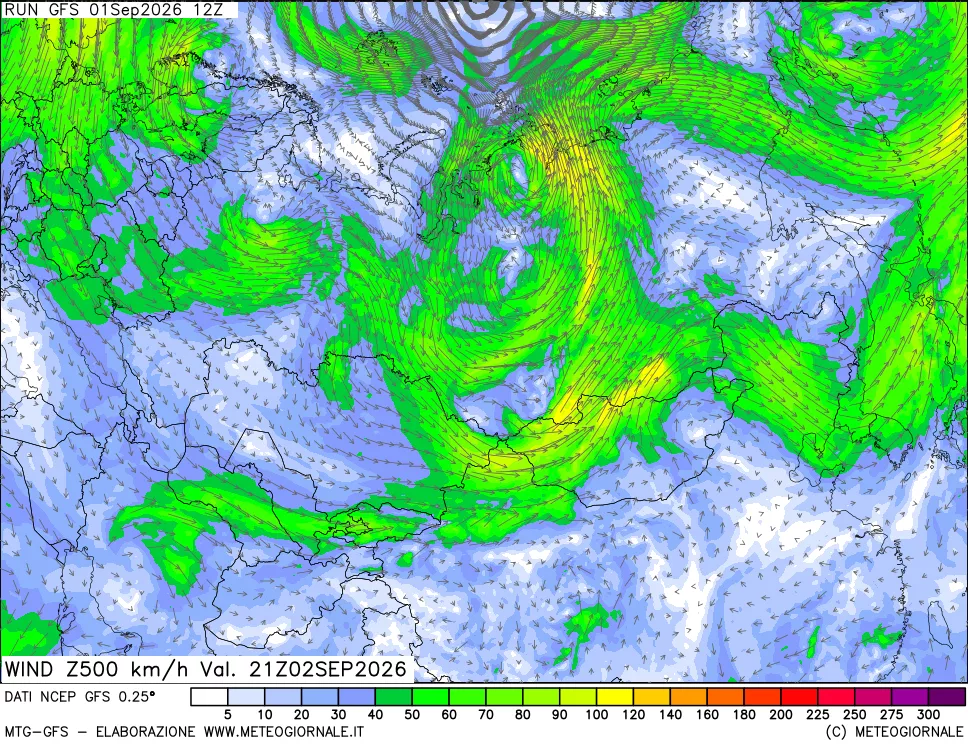 mappa 500 hPa Vento forza e direzione