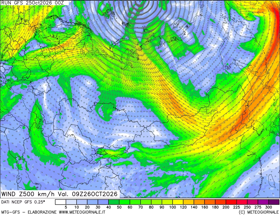 mappa 500 hPa Vento forza e direzione