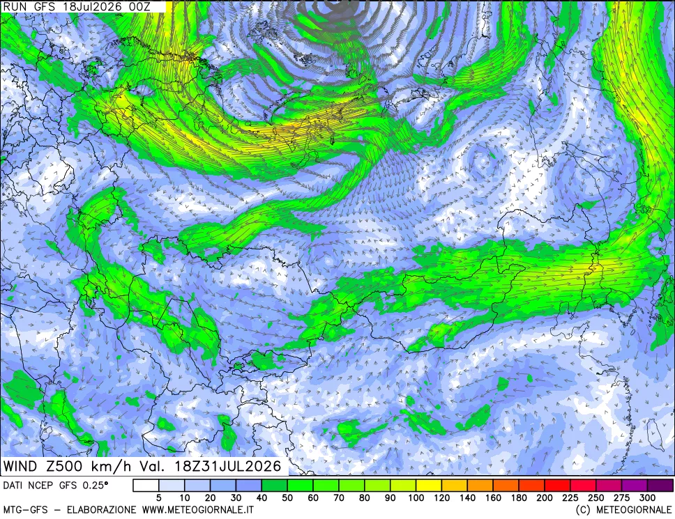 mappa 500 hPa Vento forza e direzione