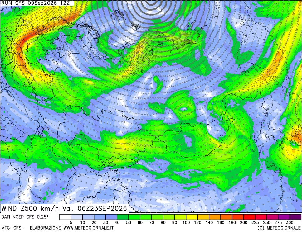 mappa 500 hPa Vento forza e direzione