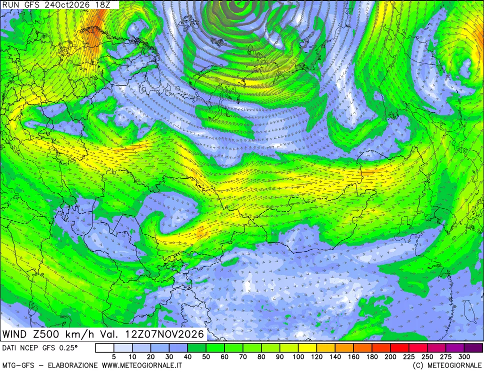 mappa 500 hPa Vento forza e direzione