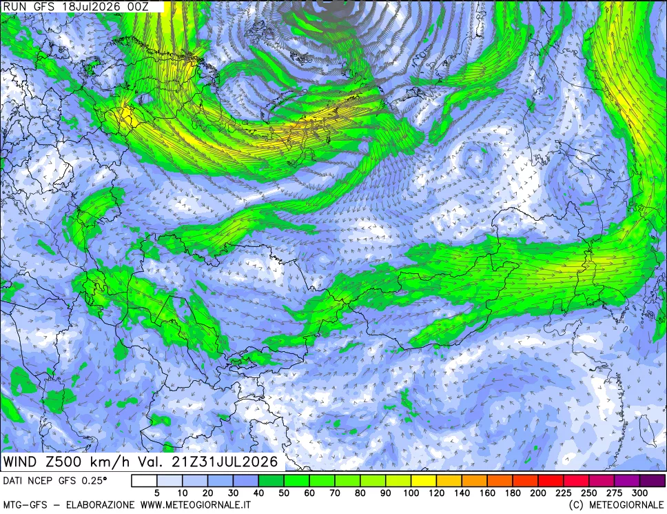mappa 500 hPa Vento forza e direzione