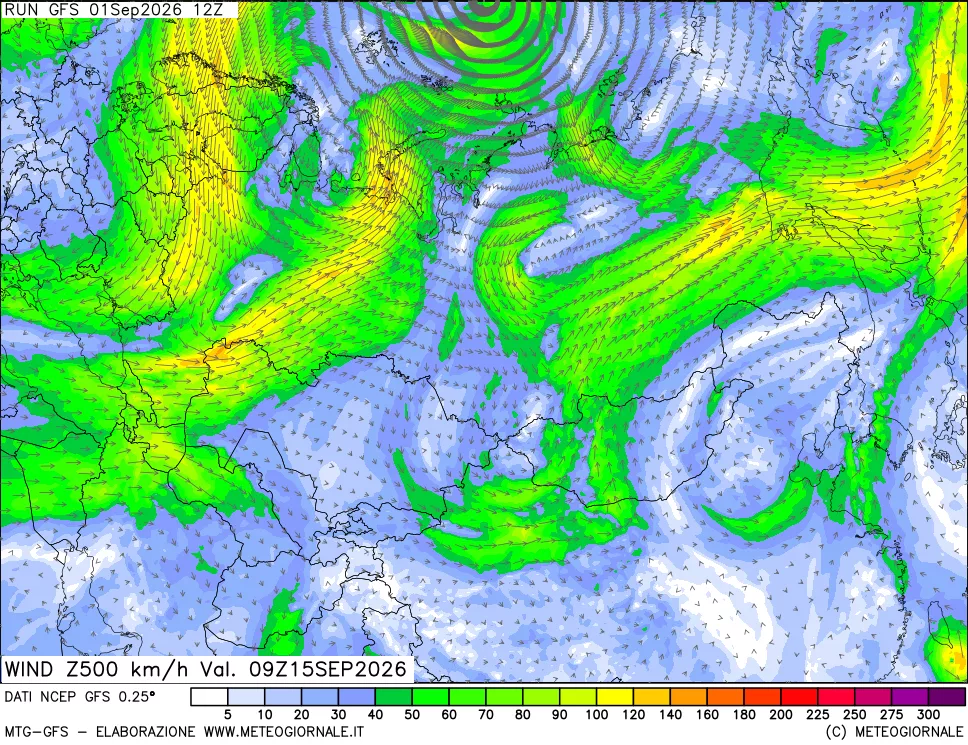 mappa 500 hPa Vento forza e direzione