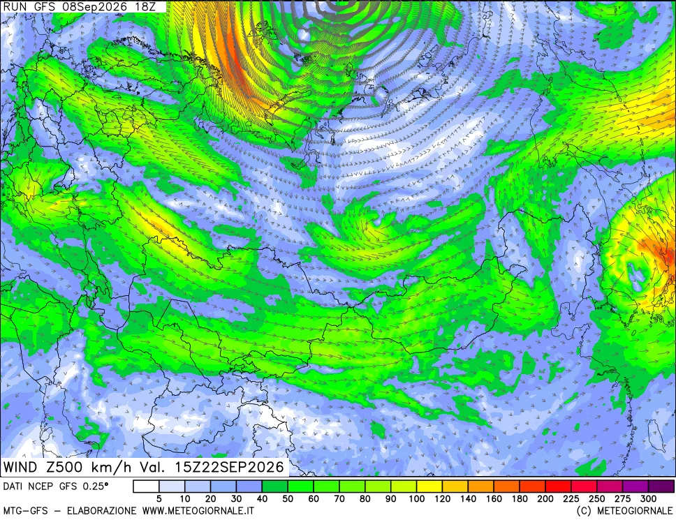 mappa 500 hPa Vento forza e direzione