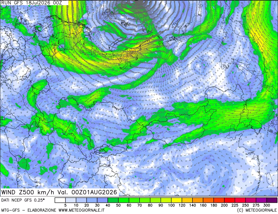 mappa 500 hPa Vento forza e direzione
