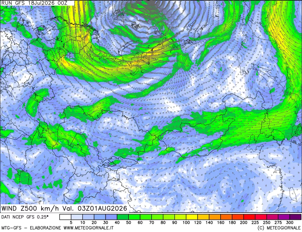 mappa 500 hPa Vento forza e direzione