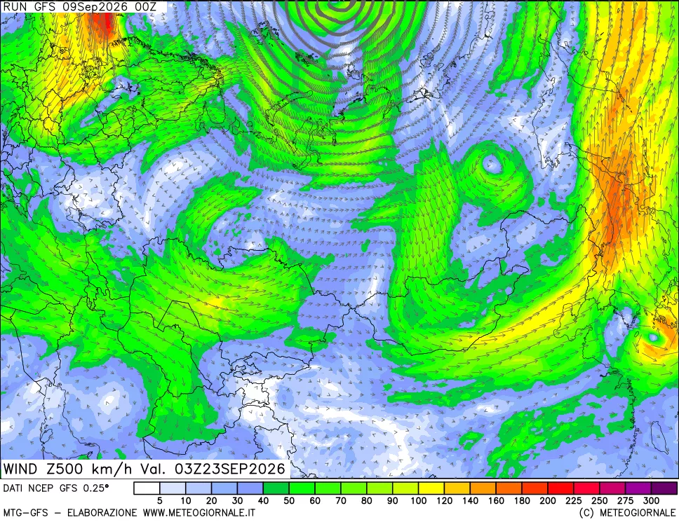 mappa 500 hPa Vento forza e direzione