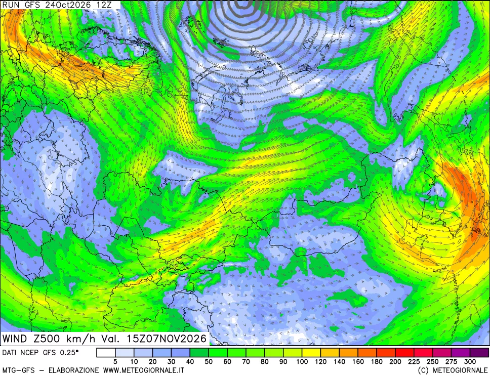 mappa 500 hPa Vento forza e direzione