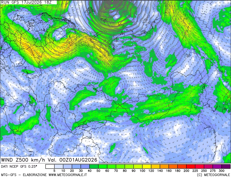 mappa 500 hPa Vento forza e direzione