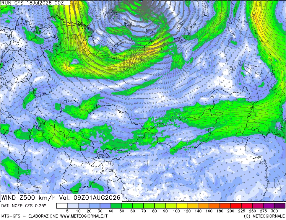 mappa 500 hPa Vento forza e direzione