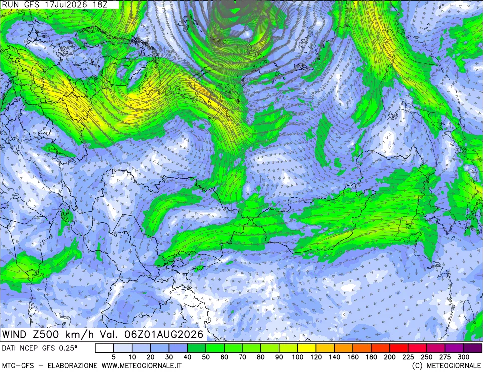 mappa 500 hPa Vento forza e direzione