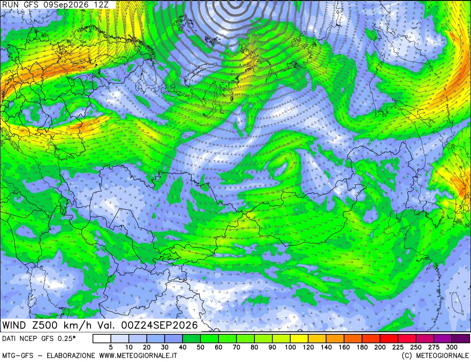 mappa 500 hPa Vento forza e direzione