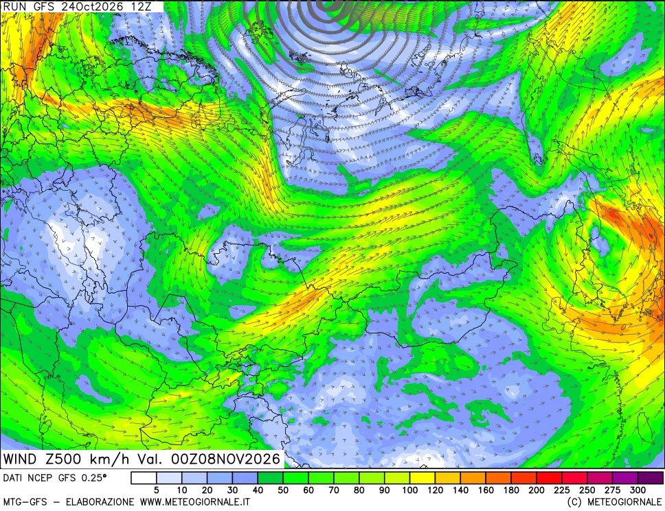 mappa 500 hPa Vento forza e direzione