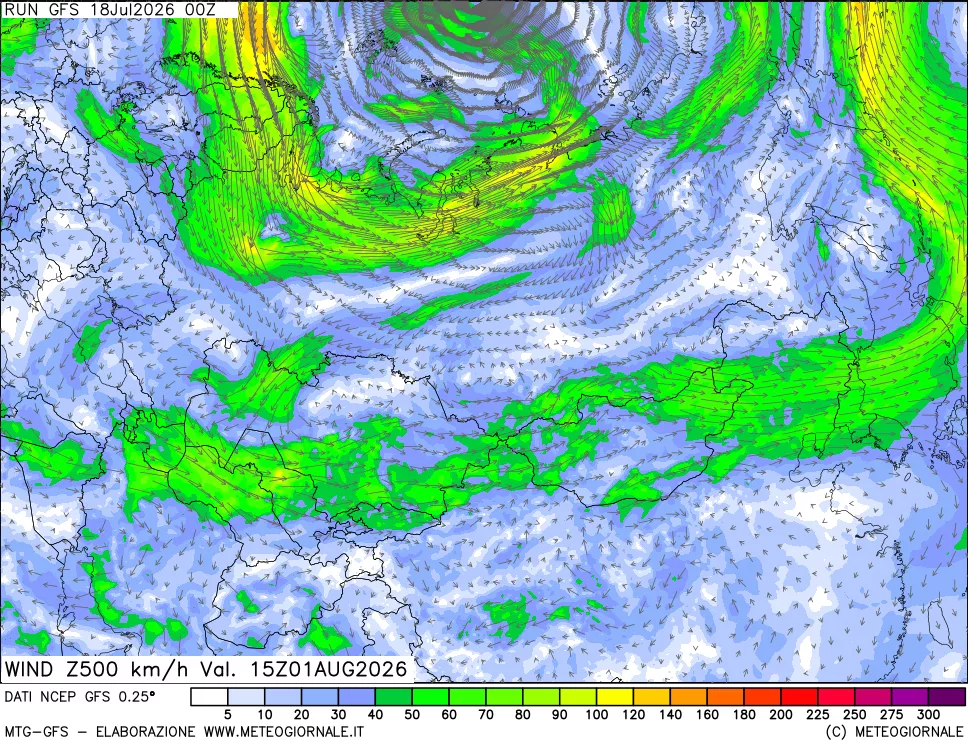 mappa 500 hPa Vento forza e direzione