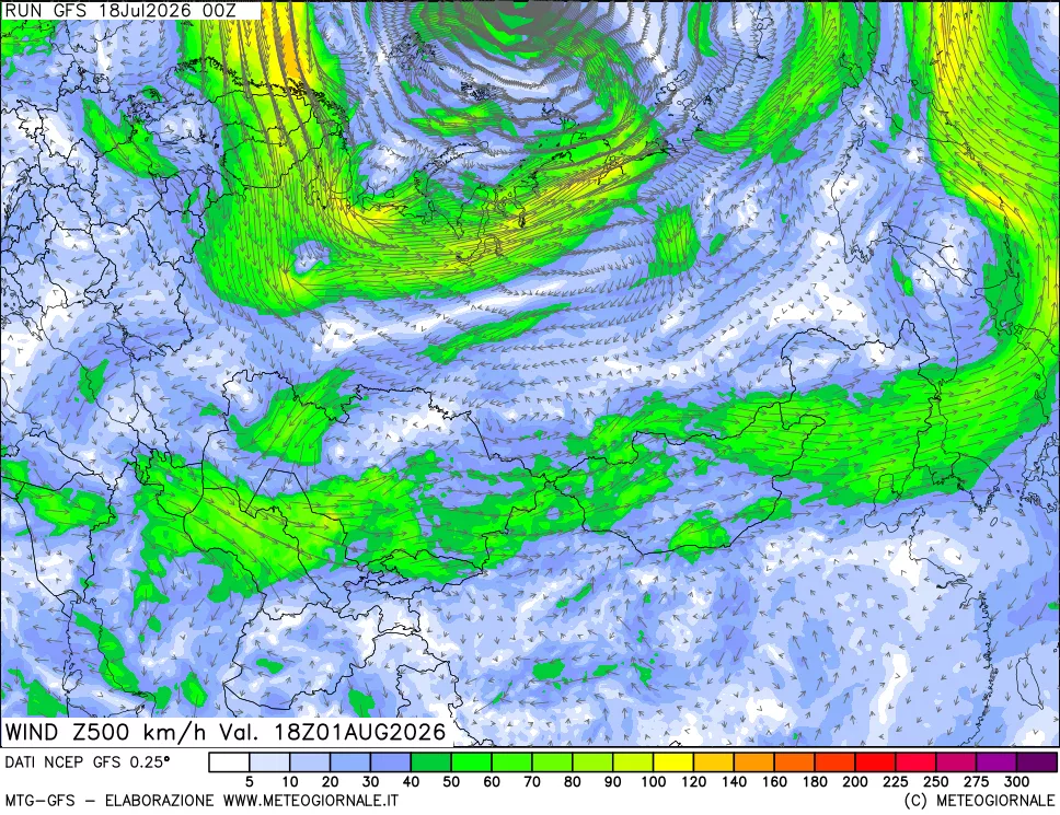 mappa 500 hPa Vento forza e direzione