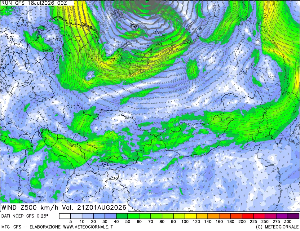 mappa 500 hPa Vento forza e direzione