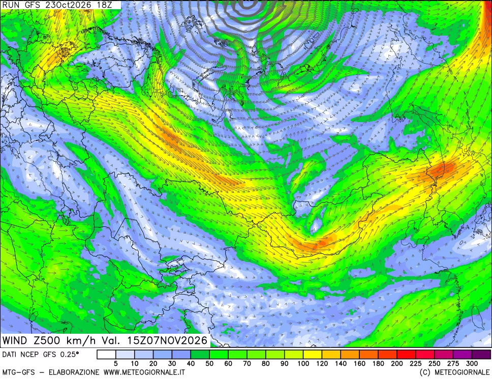 mappa 500 hPa Vento forza e direzione
