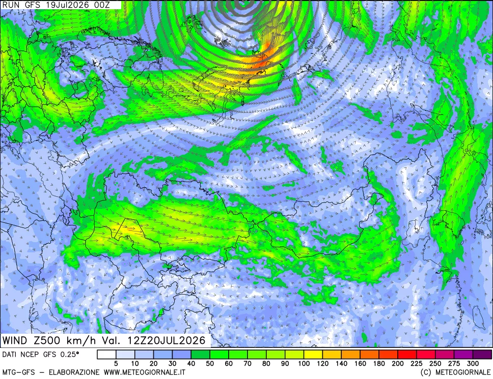 mappa 500 hPa Vento forza e direzione