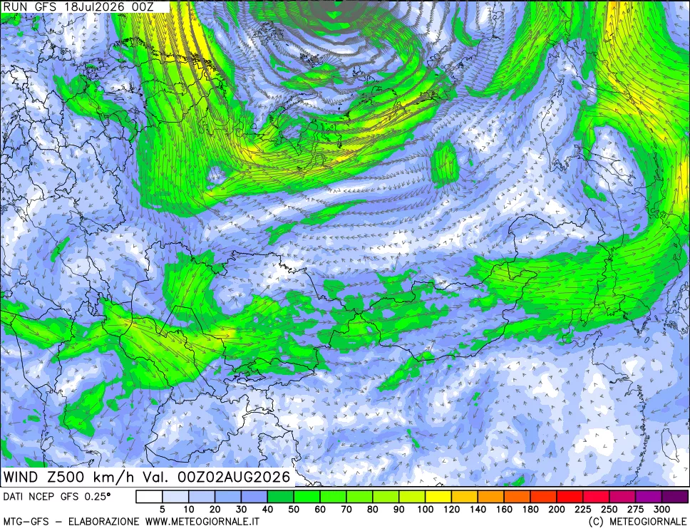 mappa 500 hPa Vento forza e direzione