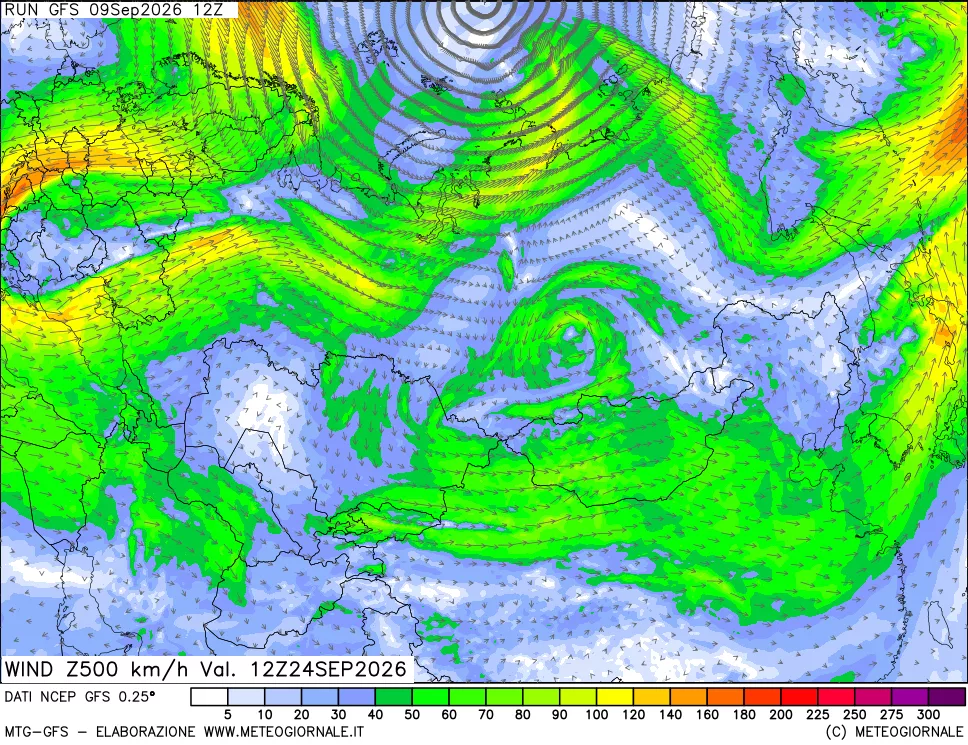 mappa 500 hPa Vento forza e direzione