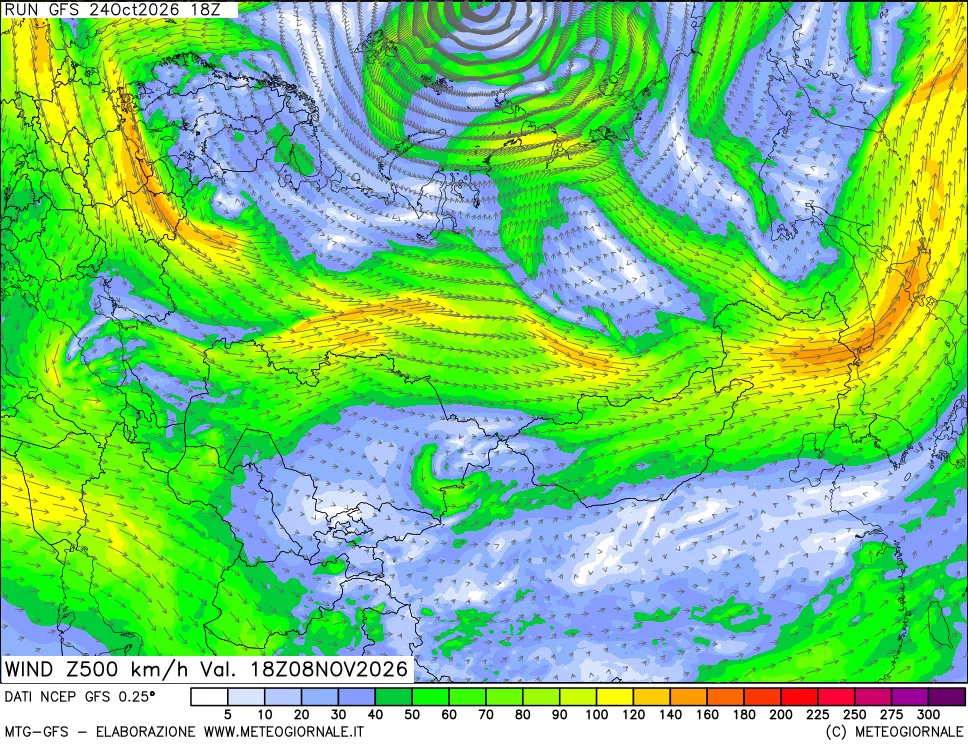 mappa 500 hPa Vento forza e direzione