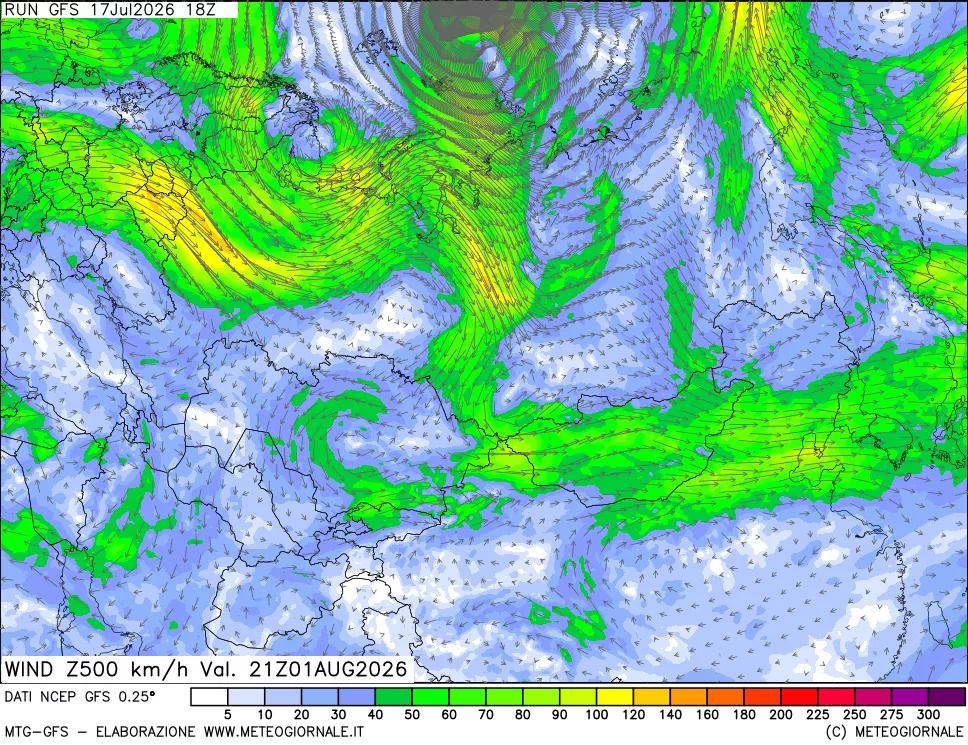 mappa 500 hPa Vento forza e direzione