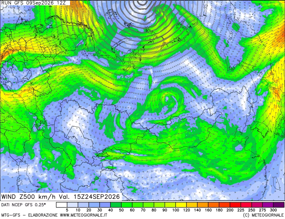 mappa 500 hPa Vento forza e direzione