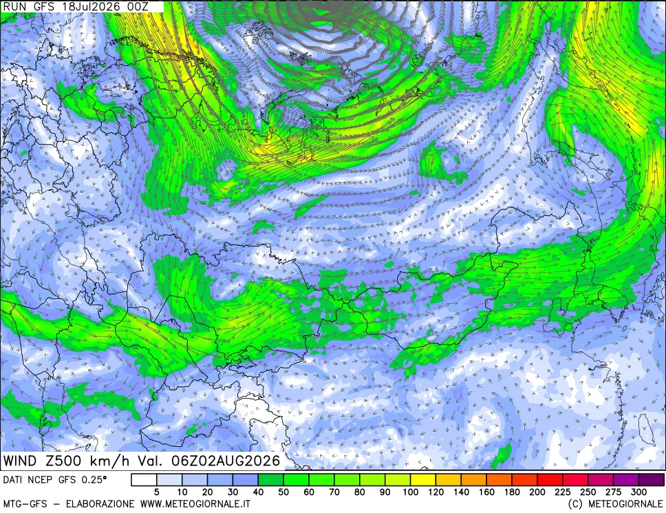 mappa 500 hPa Vento forza e direzione